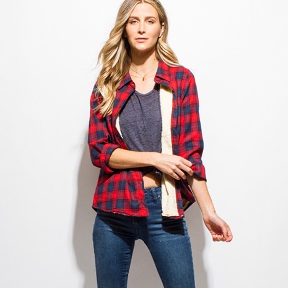 Red & Blue Fleece Lined Plaid Button Down - Picture 3 of 8